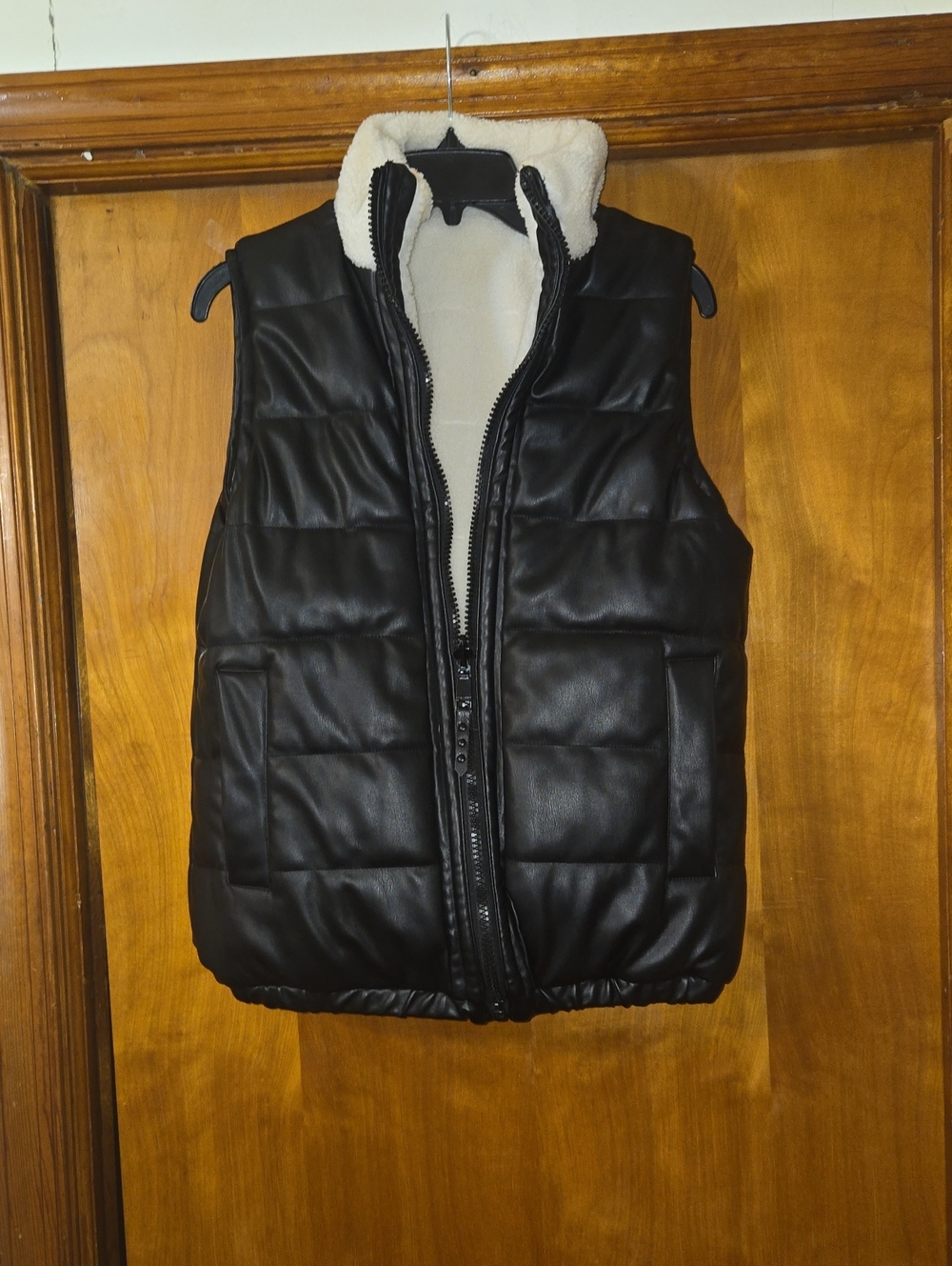 Rebecca Minkoff Black Puffer Jacket Vest with Cream Sherpa Trim